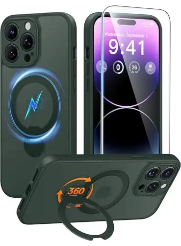 FNTCASE for iPhone 14 Pro-Max Case: [360 Spin Magnetic Stand] [Compatible with Magsafe] [Screen Protector] Translucent Matte Military Grade Shockproof Full Camera Protective Phone Cover - Green - 1