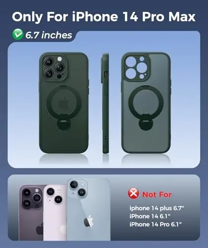 FNTCASE for iPhone 14 Pro-Max Case: [360 Spin Magnetic Stand] [Compatible with Magsafe] [Screen Protector] Translucent Matte Military Grade Shockproof Full Camera Protective Phone Cover - Green - 2