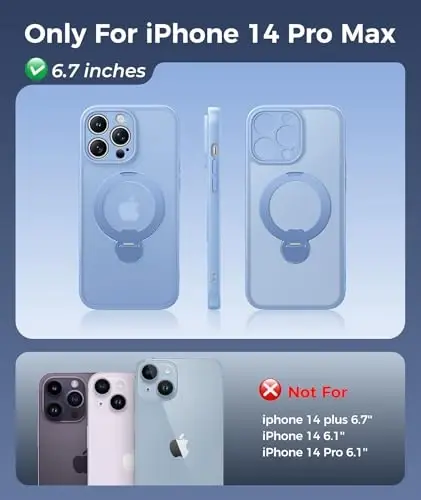 FNTCASE for iPhone 14 Pro-Max Case: [360 Spin Magnetic Stand] [Compatible with Magsafe] [Screen Protector] Translucent Matte Military Grade Shockproof Full Camera Protective Phone Cover - Light Blue - 2