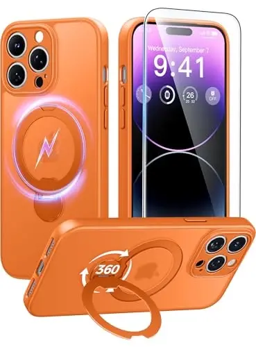 FNTCASE for iPhone 14 Pro-Max Case: [360 Spin Magnetic Stand] [Compatible with Magsafe] [Screen Protector] Translucent Matte Military Grade Shockproof Full Camera Protective Phone Cover - Orange - FNTCASE