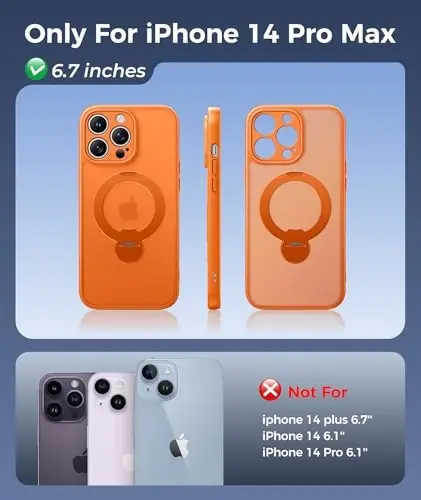 FNTCASE for iPhone 14 Pro-Max Case: [360 Spin Magnetic Stand] [Compatible with Magsafe] [Screen Protector] Translucent Matte Military Grade Shockproof Full Camera Protective Phone Cover - Orange - FNTCASE (1)