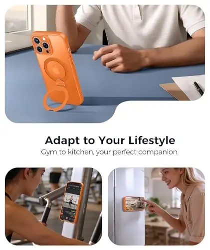 FNTCASE for iPhone 14 Pro-Max Case: [360 Spin Magnetic Stand] [Compatible with Magsafe] [Screen Protector] Translucent Matte Military Grade Shockproof Full Camera Protective Phone Cover - Orange - 4
