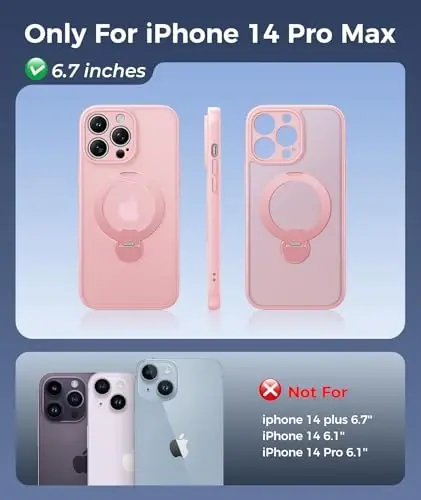 FNTCASE for iPhone 14 Pro-Max Case: [360 Spin Magnetic Stand] [Compatible with Magsafe] [Screen Protector] Translucent Matte Military Grade Shockproof Full Camera Protective Phone Cover - Pink - 2