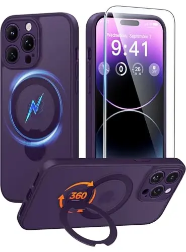 FNTCASE for iPhone 14 Pro-Max Case: [360 Spin Magnetic Stand] [Compatible with Magsafe] [Screen Protector] Translucent Matte Military Grade Shockproof Full Camera Protective Phone Cover - Purple - FNTCASE