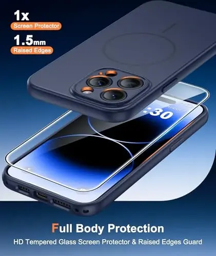 FNTCASE for iPhone 14 Pro Max Case Blue: Compatible with MagSafe | With Screen Protector, Translucent Magnetic Full Camera Protection, 14FT Military Grade Drop Tested, Matte Shockproof Cover 