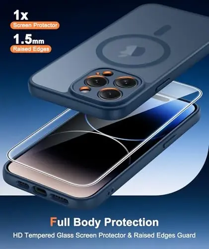 FNTCASE for iPhone 14 Pro Max Case Blue: MagSafe bilan mos keladi | Ekran himoyachisi bilan, yarim shaffof magnitli to'liq kamera himoyasi, 14FT Harbiy darajadagi tushish sinovidan o'tgan, mat zarbga chidamli qopqoq - 1