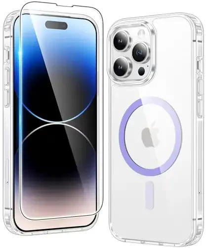 FNTCASE for iPhone 14 Pro-Max Case: Clear Magnetic Phone Cases Compatible with Magsafe Slim Anti Yellowing Military Grade Drop Protection Rugged Protective Transparent Cell Phone Cover (D-Purple) - FNTCASE