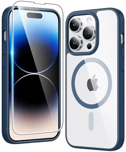FNTCASE for iPhone 14 Pro-Max Case: Clear Magnetic Phone Cases with Screen Protector Compatible with Magsafe Slim Anti Yellowing Rugged Shockproof Protective Transparent Cell Phone Cover (B-Blue) 