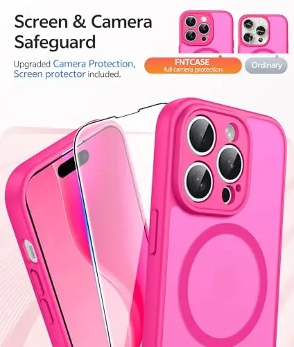 FNTCASE for iPhone 14 Pro Max Case: [Compatible with Magsafe] Translucent Matte Cases with [Full Camera Protection] [Screen Protector] Military Grade Shockproof Protective Phone Cover - Hot Pink - 4