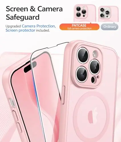 FNTCASE for iPhone 14 Pro Max Case: [Compatible with Magsafe] Translucent Matte Cases with [Screen Protector] [Full Camera Protection] Military Grade Shockproof Protective Phone Cover - Light Pink - 4