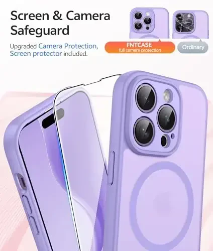 FNTCASE for iPhone 14 Pro Max Case: [Compatible with Magsafe] Translucent Matte Cases with [Screen Protector] [Full Camera Protection] Military Grade Shockproof Protective Phone Cover - Light Purple - 4