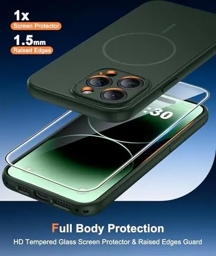 FNTCASE for iPhone 14 Pro Max Case Green: Compatible with MagSafe | With Screen Protector, Translucent Magnetic Full Camera Protection, 14FT Military Grade Drop Tested, Matte Shockproof Cover - 5