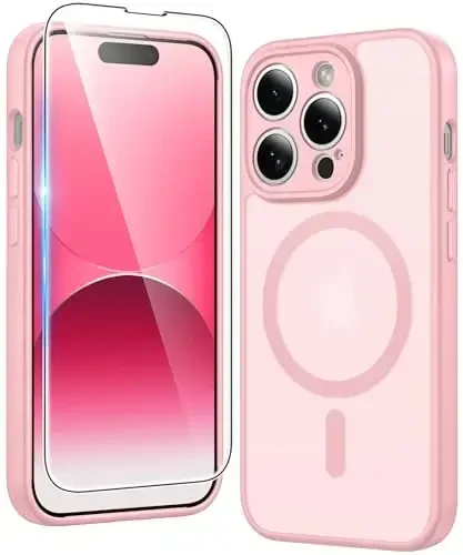 FNTCASE for iPhone 14 Pro-Max Case: Magnetic Matte Textured Military Grade Drop Protection Translucent Cell Phone Cover - Slim Rugged Durable Shockproof Protective Bumper Phonecase (C-Pink) - 1