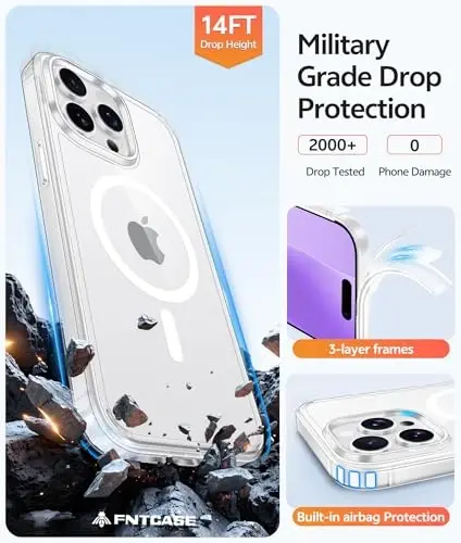 FNTCASE for iPhone 14 Pro Max Case: [Magsafe bilan mos keladi] [Ekran himoyasi] Sarqimaydigan shaffof magnit telefon g‘ilofi - Harbiy darajadagi zarbga chidamli tushishdan saqlovchi himoya g‘iloflari - Shaffof - 5