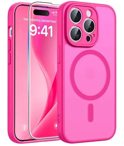 FNTCASE for iPhone 14 Pro Max Case: [Magsafe bilan mos keladi] [To'liq kamera muhofazasi] [Ekran himoyasi] bilan shaffof mat qutilar harbiy darajadagi zarbaga chidamli himoya telefon qopqog'i - To'q pushti 