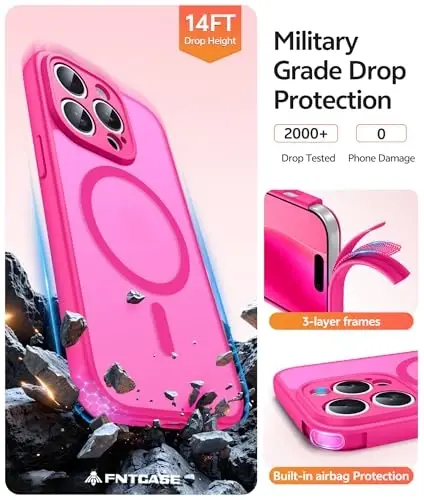FNTCASE for iPhone 14 Pro Max Case: [Magsafe bilan mos keladi] [To'liq kamera muhofazasi] [Ekran himoyasi] bilan shaffof mat qutilar harbiy darajadagi zarbaga chidamli himoya telefon qopqog'i - To'q pushti - 5
