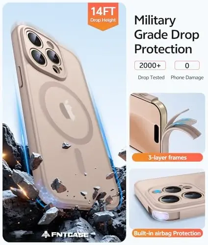 FNTCASE for iPhone 14 Pro Max Case: [Magsafe bilan mos keladi] [To'liq kamera muhofazasi] [Ekran himoyasi] shaffof mat qutilar harbiy darajadagi zarbaga chidamli himoya telefon qopqog'i - Cho'l Oltini - 5