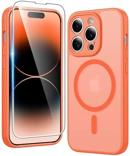 FNTCASE for iPhone 14 Pro-Max Case: Matte Magnetic Phone Cases with Screen Protector Compatible with Magsafe Slim Anti Yellowing Rugged Shockproof Protective Translucent Cell Cover (C-Orange) 