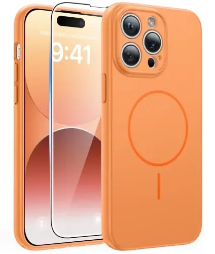 FNTCASE for iPhone 14 Pro Max Case Orange: Compatible with MagSafe | With Screen Protector, Translucent Magnetic Full Camera Protection, 14FT Military Grade Drop Tested, Matte Shockproof Cover 