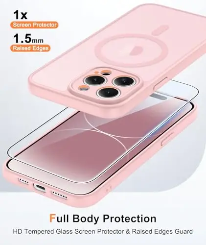 FNTCASE for iPhone 14 Pro Max Case Pink: Compatible with MagSafe | With Screen Protector, Translucent Magnetic Full Camera Protection, 14FT Military Grade Drop Tested, Matte Shockproof Cover - 1