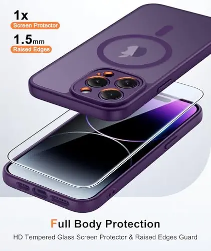 FNTCASE for iPhone 14 Pro Max Case Purple: Compatible with MagSafe | With Screen Protector, Translucent Magnetic Full Camera Protection, 14FT Military Grade Drop Tested, Matte Shockproof Cover 