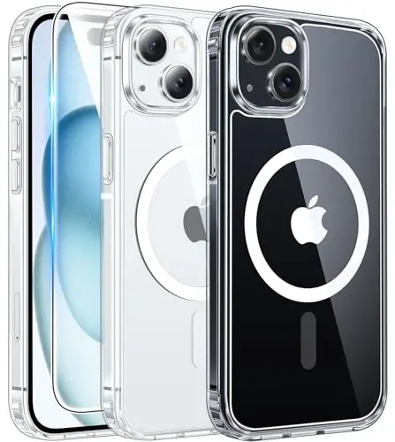 FNTCASE for iPhone 15 Case Clear: iPhone 14/13 Case Magnetic Phone Cases with Screen Protector Compatible with Magsafe Slim Anti Yellowing Rugged Protective Transparent Cell Cover (A-Clear) 