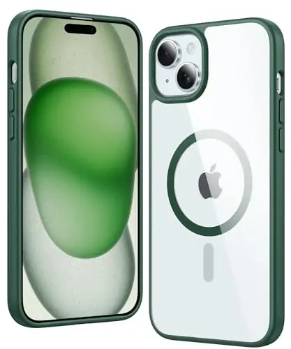 FNTCASE for iPhone 15 Case Clear: iPhone 14/13 Case Magnetic Phone Cases with Screen Protector Compatible with Magsafe Slim Anti Yellowing Rugged Protective Transparent Cell Cover (B-Alpine Green) 