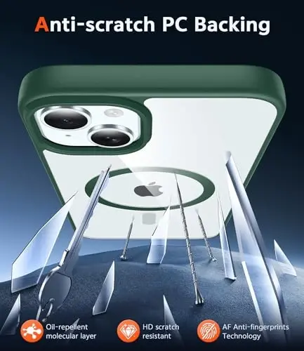 FNTCASE for iPhone 15 Case Clear: iPhone 14/13 Case Magnetic Phone Cases with Screen Protector Compatible with Magsafe Slim Anti Yellowing Rugged Protective Transparent Cell Cover (B-Alpine Green) - 5