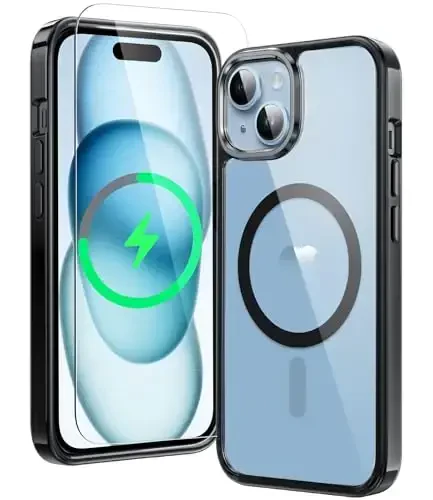 FNTCASE for iPhone 15 Case Clear: iPhone 14/13 Case Magnetic Phone Cases with Screen Protector Compatible with Magsafe Slim Anti Yellowing Rugged Protective Transparent Cell Cover (B-Black) 