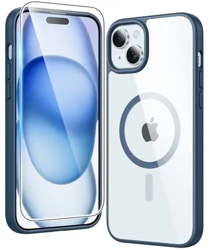 FNTCASE for iPhone 15 Case Clear: iPhone 14/13 Case Magnetic Phone Cases with Screen Protector Compatible with Magsafe Slim Anti Yellowing Rugged Protective Transparent Cell Cover (B-Blue) 