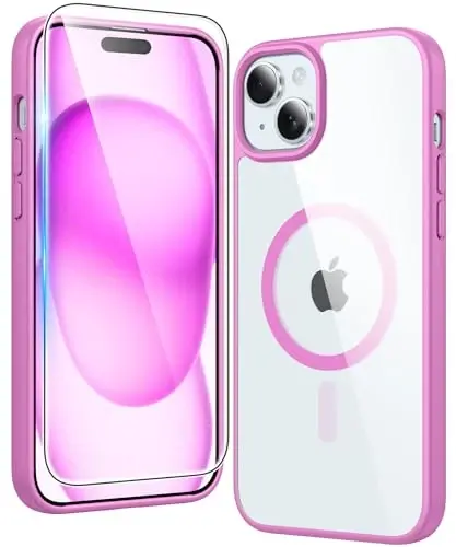 FNTCASE for iPhone 15 Case Clear: iPhone 14/13 Case Magnetic Phone Cases with Screen Protector Compatible with Magsafe Slim Anti Yellowing Rugged Protective Transparent Cell Cover (B-Pink) 