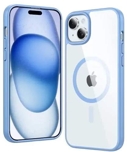 FNTCASE for iPhone 15 Case Clear: iPhone 14/13 Case Magnetic Phone Cases with Screen Protector Compatible with Magsafe Slim Anti Yellowing Rugged Protective Transparent Cell Cover (B-Sierra Blue) 