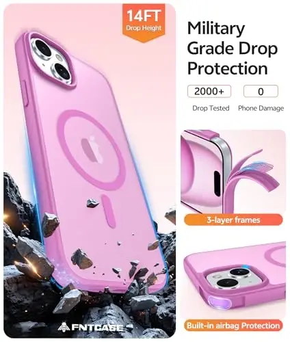 FNTCASE for iPhone 15 Case: for iPhone 14 Case & iPhone 13 Case [Compatible with Magsafe] Translucent Matte Cases with [Screen Protector] Military Grade Shockproof Protective Phone Cover - Pink - 5
