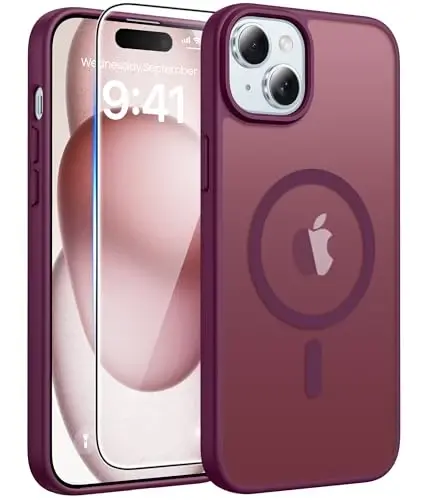 FNTCASE for iPhone 15 Case: for iPhone 14 Case & iPhone 13 Case [Compatible with Magsafe] Translucent Matte Cases with [Screen Protector] Military Grade Shockproof Protective Phone Cover - Wine Red - 1
