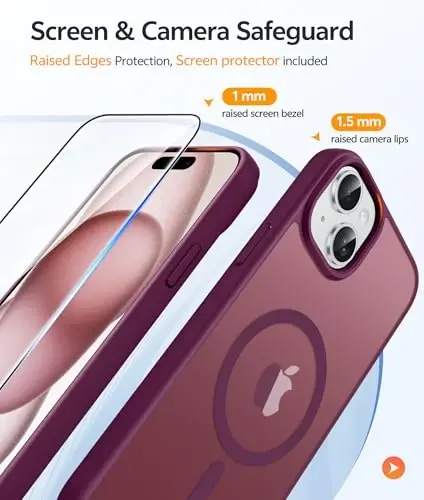 FNTCASE for iPhone 15 Case: for iPhone 14 Case & iPhone 13 Case [Compatible with Magsafe] Translucent Matte Cases with [Screen Protector] Military Grade Shockproof Protective Phone Cover - Wine Red - 4