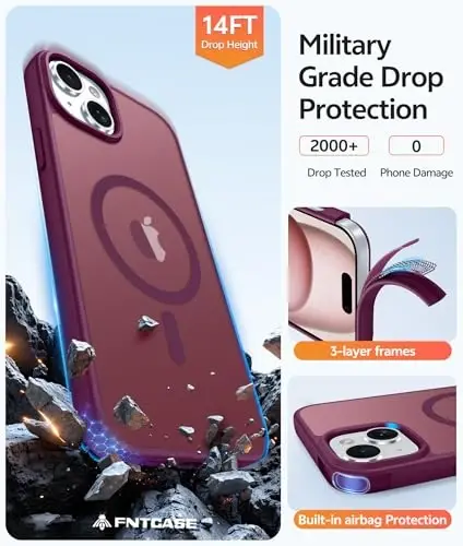 FNTCASE for iPhone 15 Case: for iPhone 14 Case & iPhone 13 Case [Compatible with Magsafe] Translucent Matte Cases with [Screen Protector] Military Grade Shockproof Protective Phone Cover - Wine Red - 5