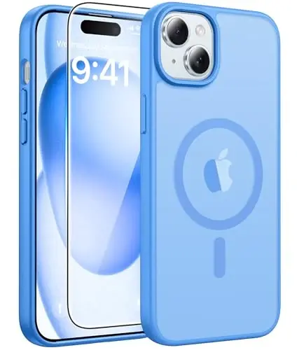 FNTCASE for iPhone 15 Case: for iPhone 14 Case & iPhone 13 Case [Compatible with Magsafe] Translucent Matte Magnetic Phone Cover - Military Grade Drop Protection Shockproof Protective Cases - Ice Blue 