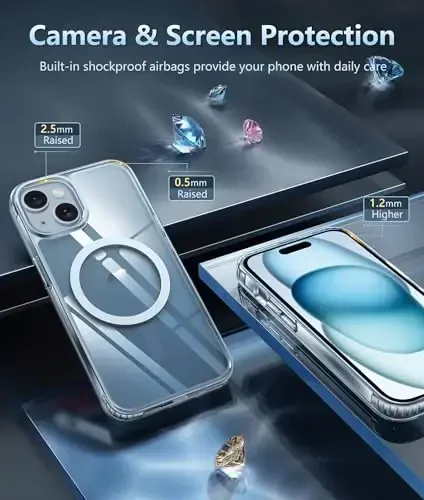 FNTCASE for iPhone 15 Case: for iPhone 14 Case | iPhone 16e Case Support Magnetic Charging Military Grade Drop Protection Anti Yellowing | Rugged Shockproof Cell Phone Cover - 6.1 inch (Clear) - 6