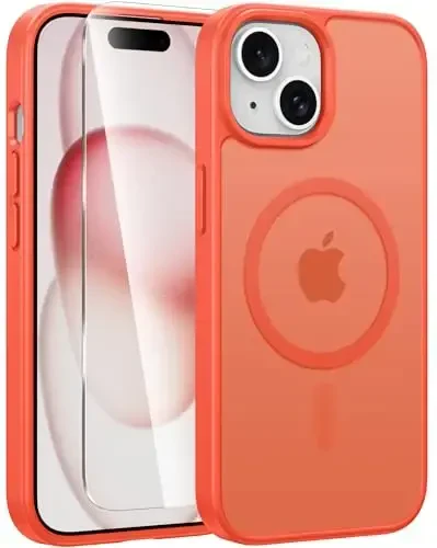 FNTCASE for iPhone 15 Case: for iPhone 14 & iPhone 13 Case | Magnetic Frosted Translucent Slim Shockproof Cell Phone Cover | Military Grade Protection Drop Proof Tough Protective Cases - Orange 