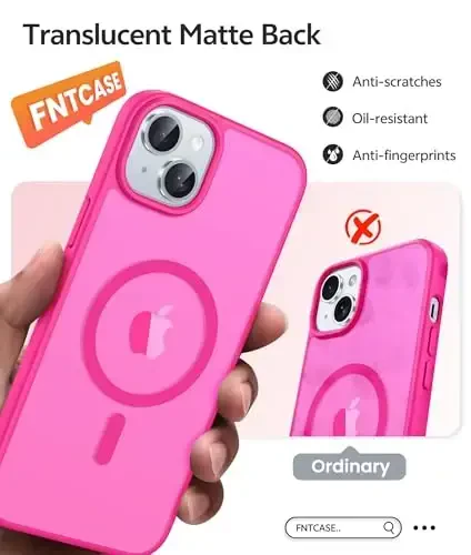 FNTCASE for iPhone 15 Case: for iPhone 14 & iPhone 13 Case | Magnetic Frosted Translucent Slim Shockproof Cell Phone Cover | Military Grade Protection Drop Proof Tough Protective Cases - Rose Red - 6