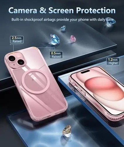 FNTCASE for iPhone 15 Case: for iPhone 14 & iPhone 13 Case | Support Magnetic Charging Military Grade Drop Protection Anti Yellowing | Rugged Shockproof Protective Phone Cover - 6.1 inch (F-Pink) - 5