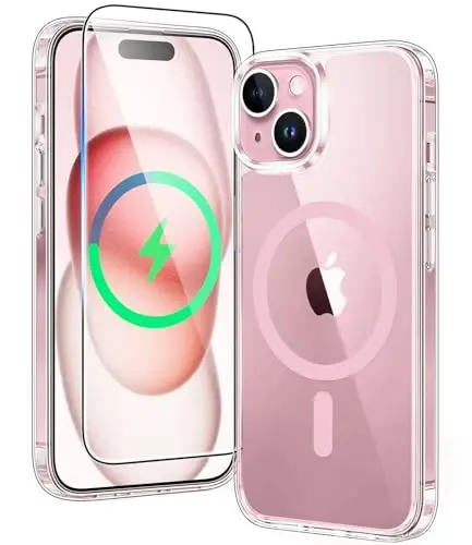 FNTCASE for iPhone 15 Case: for iPhone 14 & iPhone 13 Case | Support Magnetic Charging Military Grade Drop Protection Anti Yellowing | Rugged Shockproof Protective Phone Cover - 6.1 inch (F-Pink) 
