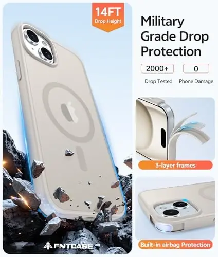 FNTCASE for iPhone 15 Case: for iPhone 14 & iPhone 13 Case [with Screen Protector] Magnetic Translucent Matte | Military Grade Drop Protection | Shockproof Phone Cover Protective Cases - Off White - 5