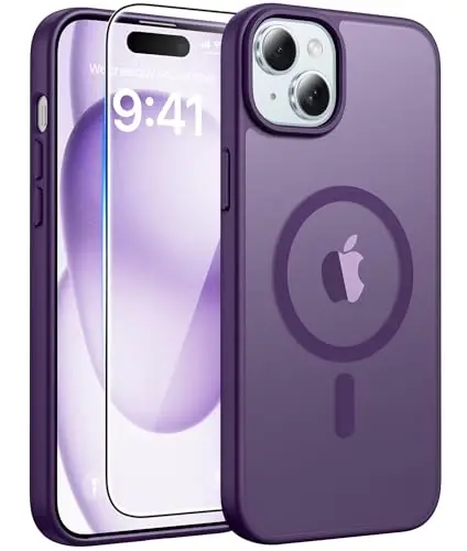 FNTCASE for iPhone 15 Case: for iPhone 14 & iPhone 13 Case [with Screen Protector] Magnetic Translucent Matte | Military Grade Drop Protection | Shockproof Phone Cover Protective Cases - Purple - FNTCASE
