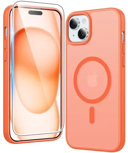 FNTCASE for iPhone 15 Case Matte: iPhone 14/13 Case Magnetic Phone Cases with Screen Protector Compatible with Magsafe Slim Anti Yellowing Rugged Protective Translucent Cell Cover (C-Orange) - FNTCASE