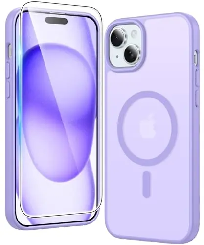 FNTCASE for iPhone 15 Case Matte: iPhone 14/13 Case Magnetic Phone Cases with Screen Protector Compatible with Magsafe Slim Anti Yellowing Rugged Protective Translucent Cell Cover (C-Purple) 