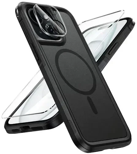 FNTCASE for iPhone 15 Magnet Case: Magnetic Dual Layer Military Grade Drop Shockproof Protection Cell Phone Cover - Rugged Durable Heavy Duty Protective Bumper Tough Black - 1