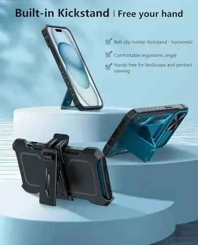 FNTCASE for iPhone 15 Phone Case: for iPhone 16e Military Grade Dropproof Cell Phone Cover with Kickstand & Slide | Heavy Duty Rugged Shockproof Phonecase with Belt Clip Holster(Blue) - 6