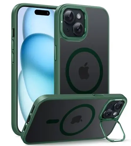 FNTCASE for iPhone 15 Phone Case: Strong Magnetic Slim Matte Protective Case with Kickstand | Shockproof Drop Full Protection Anti-Fingerprint Thin Translucent Frosted Cover(Green) 
