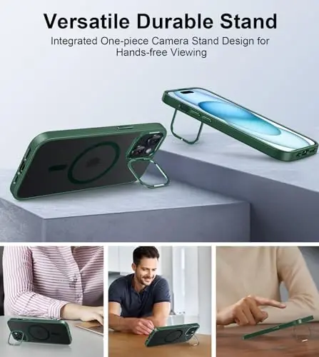 FNTCASE for iPhone 15 Phone Case: Strong Magnetic Slim Matte Protective Case with Kickstand | Shockproof Drop Full Protection Anti-Fingerprint Thin Translucent Frosted Cover(Green) - 3